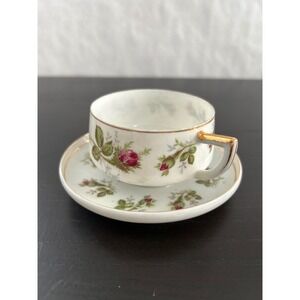 Vintage Norcrest Moss Rose Teacup and Saucer Set Gold Trim NW-4/115 White Pink